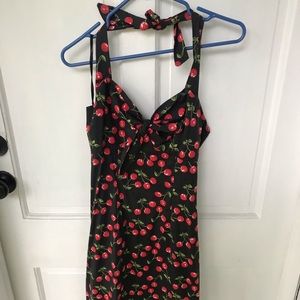 Pinup Cherry Print Wiggle Halter Dress